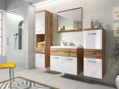 MINIO go for it , Set de meubles de salle de bains 4 pièces ALBECK, avec lavabo, blanc brillant / chêne wotan