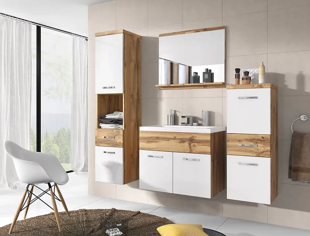 MINIO go for it , Set de meubles de salle de bains 4 pièces ALBECK, avec lavabo, blanc brillant / chêne wotan