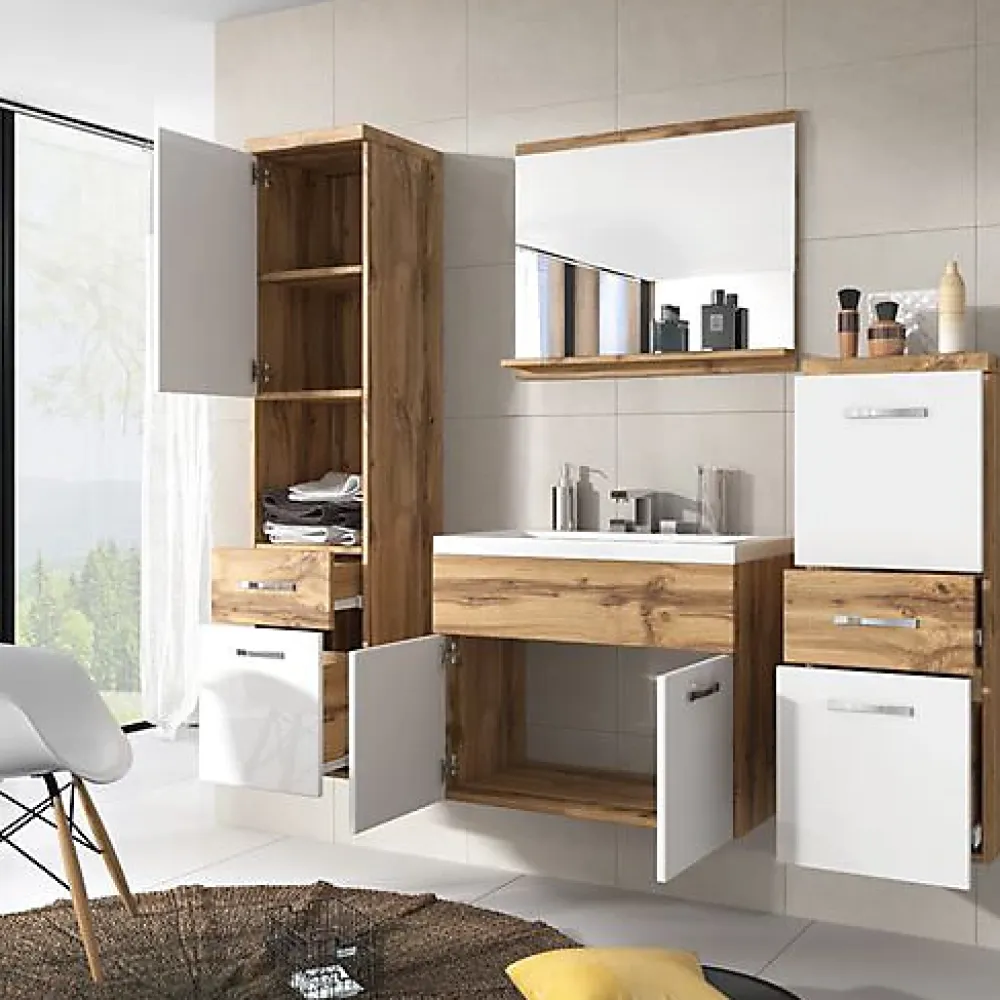MINIO go for it , Set de meubles de salle de bains 4 pièces ALBECK, avec lavabo, blanc brillant / chêne wotan