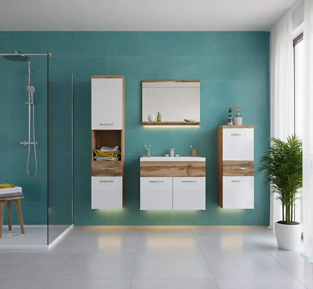 MINIO go for it , Set de meubles de salle de bains 4 pièces ALBECK, avec lavabo, blanc brillant / chêne wotan