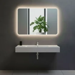 Miroir Lumineux|Et Design Miroir à bord poli 100x70 cm avec coins arrondis et rétroéclairage périmétrique