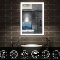 Miroir Lumineux|AICA Sanitaire Miroir de salle de bain 50x70cm LED tricolore anti-buée + mémoire + dimmable,