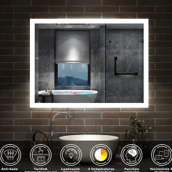 AICA Sanitaire Miroir de salle de bain 60x50cm LED tricolore anti-buée + mémoire + dimmable,