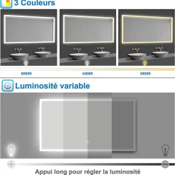 AICA Sanitaire Miroir de salle de bain 60x50cm LED tricolore anti-buée + mémoire + dimmable,