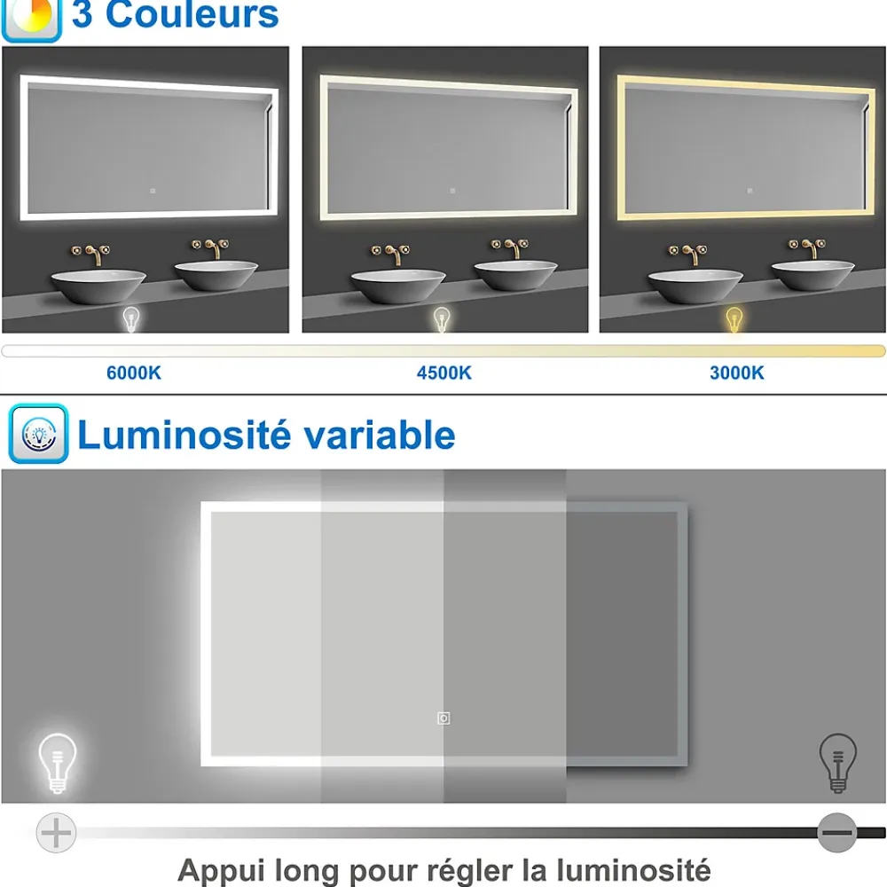 AICA Sanitaire Miroir de salle de bain 60x50cm LED tricolore anti-buée + mémoire + dimmable,
