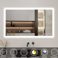 AICA Sanitaire Miroir de salle de bain 80x60cm LED tricolore anti-buée + mémoire + dimmable,
