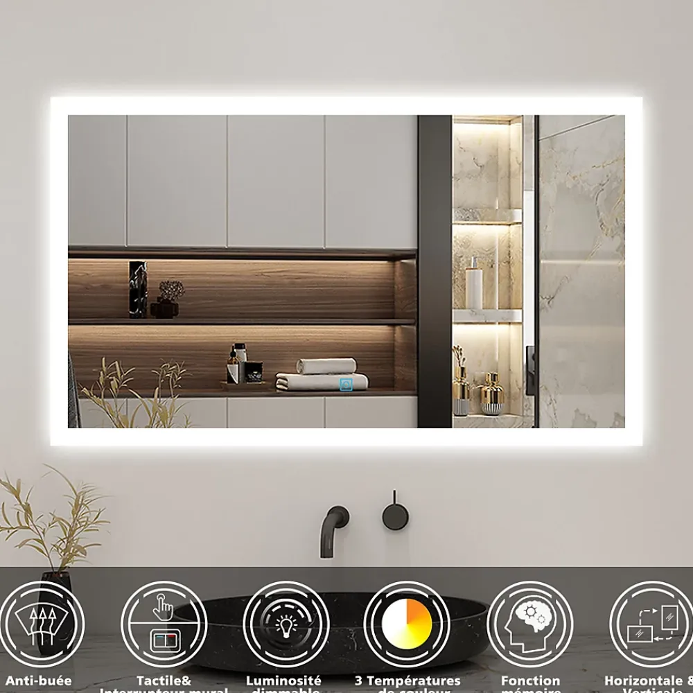 AICA Sanitaire Miroir de salle de bain 80x60cm LED tricolore anti-buée + mémoire + dimmable,