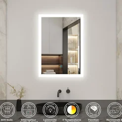 AICA Sanitaire Miroir de salle de bain 50x70cm LED tricolore anti-buée + mémoire + dimmable,