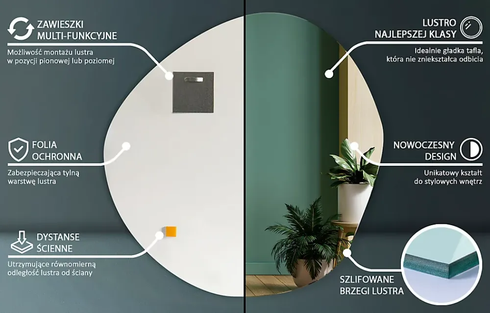 Tulup Miroir asymétrique 77 x 77 pour chambre 1 pièce