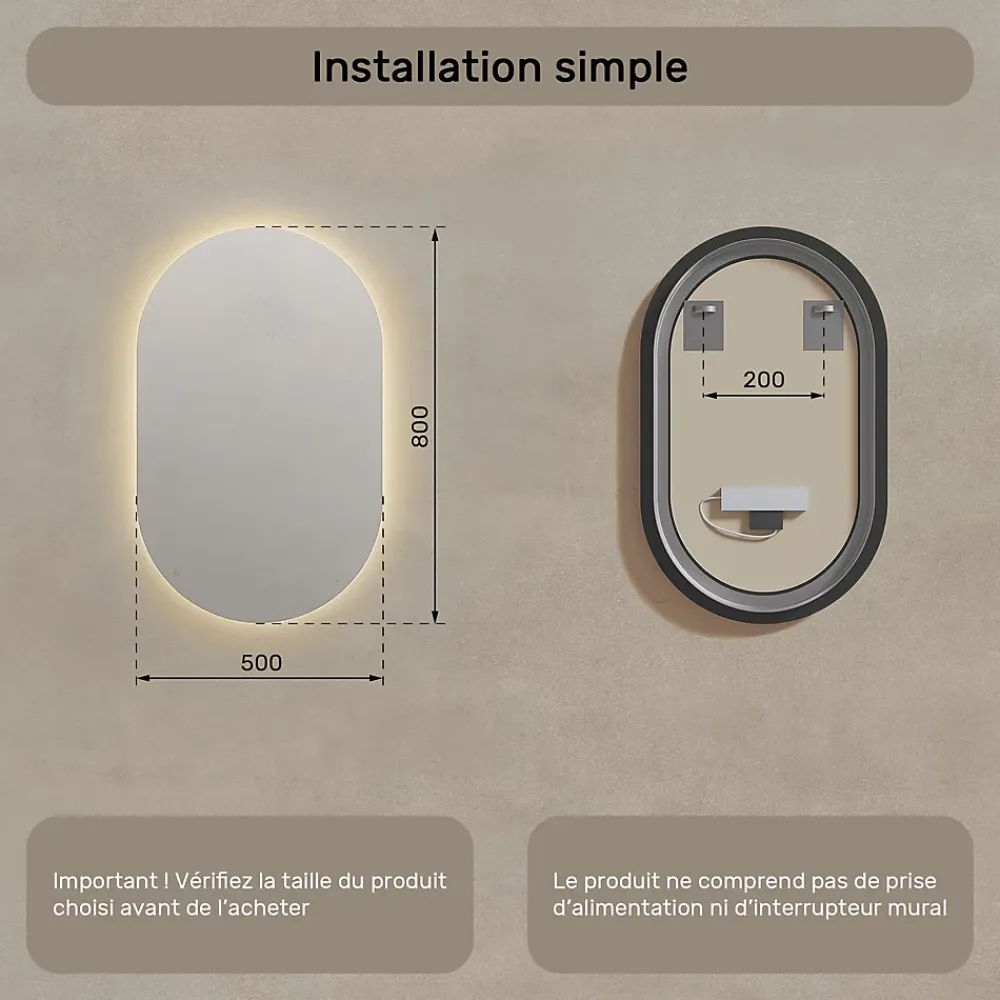 Artforma Miroir avec LED Illumination Salle de Bain (50x80cm) LED Lumineux Miroir avec Éclairage (TST106) Blanc Chaud 3000K