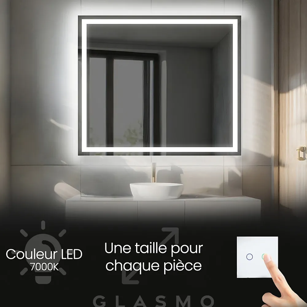 Artforma Miroir avec LED Illumination Salle de Bain - Bella, 70x70 cm, Miroir Mural Avec Éclairage, Blanc Froid 7000K