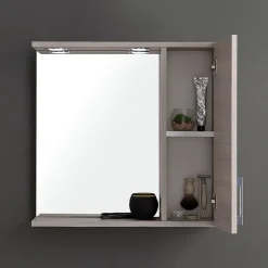 Kiamami Valentina Miroir Avec Unité Murale Droite En Chêne Gris Effet Bois Et Spot Led 58Cm