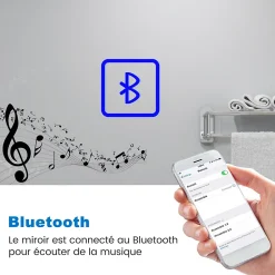 AICA Sanitaire Miroir Bluetooth 100x60 cm, tricolore + horloge + mémoire + dimmable + anti-buée, miroir LED étanche IP44,