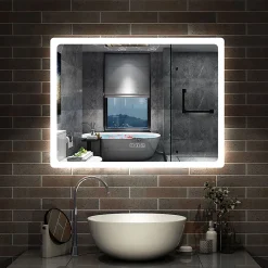 AICA Sanitaire Miroir Bluetooth 80x60 cm, tricolore + horloge + mémoire + dimmable + anti-buée, miroir LED étanche IP44,