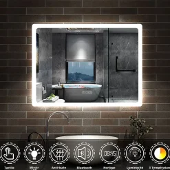 AICA Sanitaire Miroir Bluetooth 80x60 cm, tricolore + horloge + mémoire + dimmable + anti-buée, miroir LED étanche IP44,