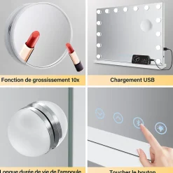 Miroir Grossissant Lumineux|Sirhona Miroir de Maquillage Éclairage LED 80x60x10 cm + Bluetooth + Loupe 10X + Port USB + Température à Tricolore