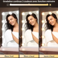 Miroir Grossissant Lumineux|Sirhona Miroir de Maquillage Éclairage LED 80x60x10 cm + Bluetooth + Loupe 10X + Port USB + Température à Tricolore