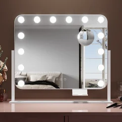 Miroir Grossissant Lumineux|Sirhona Miroir de Maquillage Éclairage LED 50x47x9cm cm + Support de Téléphone + Loupe 10x + Port USB + Température Tricolore