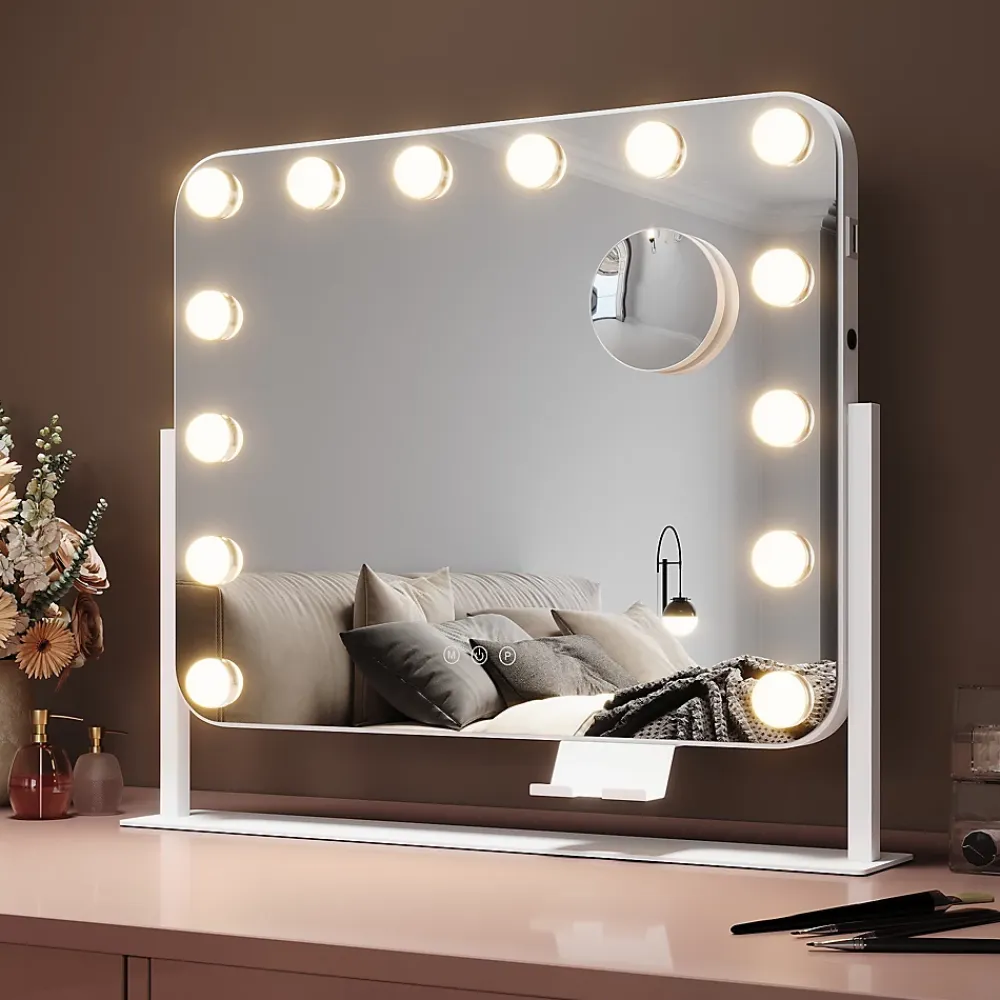 Miroir Grossissant Lumineux|Sirhona Miroir de Maquillage Éclairage LED 50x47x9cm cm + Support de Téléphone + Loupe 10x + Port USB + Température Tricolore