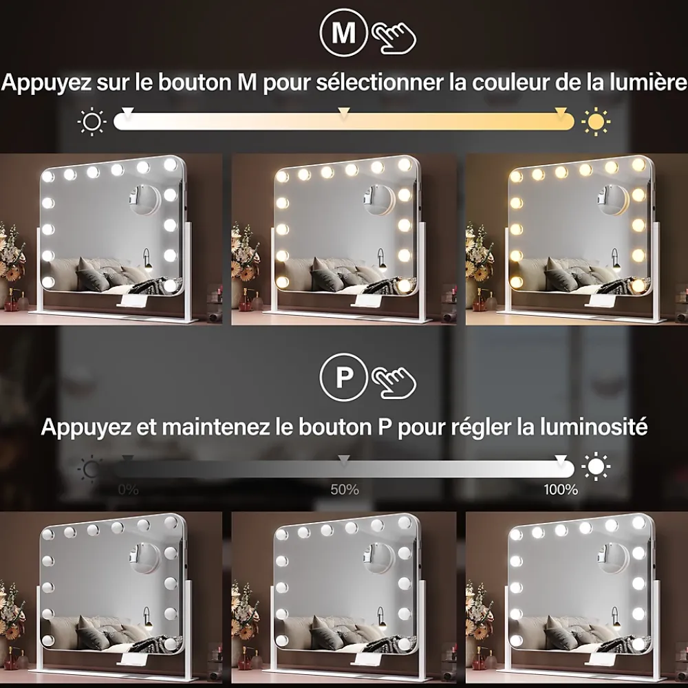Miroir Grossissant Lumineux|Sirhona Miroir de Maquillage Éclairage LED 50x47x9cm cm + Support de Téléphone + Loupe 10x + Port USB + Température Tricolore