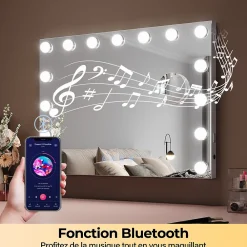 Sirhona Miroir de Maquillage Éclairage LED 58x46x10 cm + Bluetooth + Loupe 10X + Port USB + Température à Tricolore