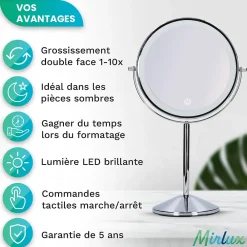 Mirlux Miroir De Maquillage Lumineux LED Rechargeable Chrome, grossissement 1-10x