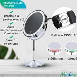 Mirlux Miroir De Maquillage Lumineux LED Rechargeable Chrome, grossissement 1-10x