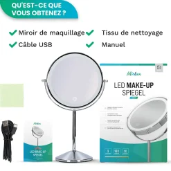 Mirlux Miroir De Maquillage Lumineux LED Rechargeable Chrome, grossissement 1-10x