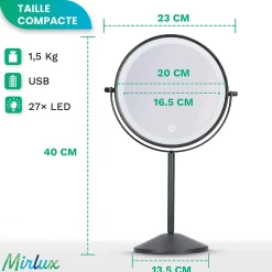 Miroir Grossissant Lumineux|Mirlux Miroir De Maquillage Lumineux LED Rechargeable Noir, Grossissement 1-10x