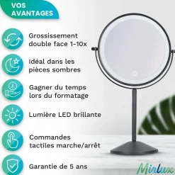 Miroir Grossissant Lumineux|Mirlux Miroir De Maquillage Lumineux LED Rechargeable Noir, Grossissement 1-10x