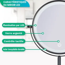 Miroir Grossissant Lumineux|Mirlux Miroir De Maquillage Lumineux LED Rechargeable Noir, Grossissement 1-10x