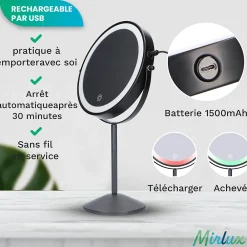 Miroir Grossissant Lumineux|Mirlux Miroir De Maquillage Lumineux LED Rechargeable Noir, Grossissement 1-10x