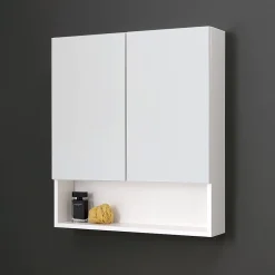 Armoire De Toilette|Kiamami Valentina Miroir De Rangement Blanc À Deux Portes Avec Compartiment Inférieur Ouvert