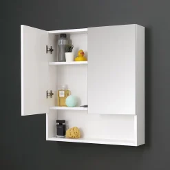 Armoire De Toilette|Kiamami Valentina Miroir De Rangement Blanc À Deux Portes Avec Compartiment Inférieur Ouvert