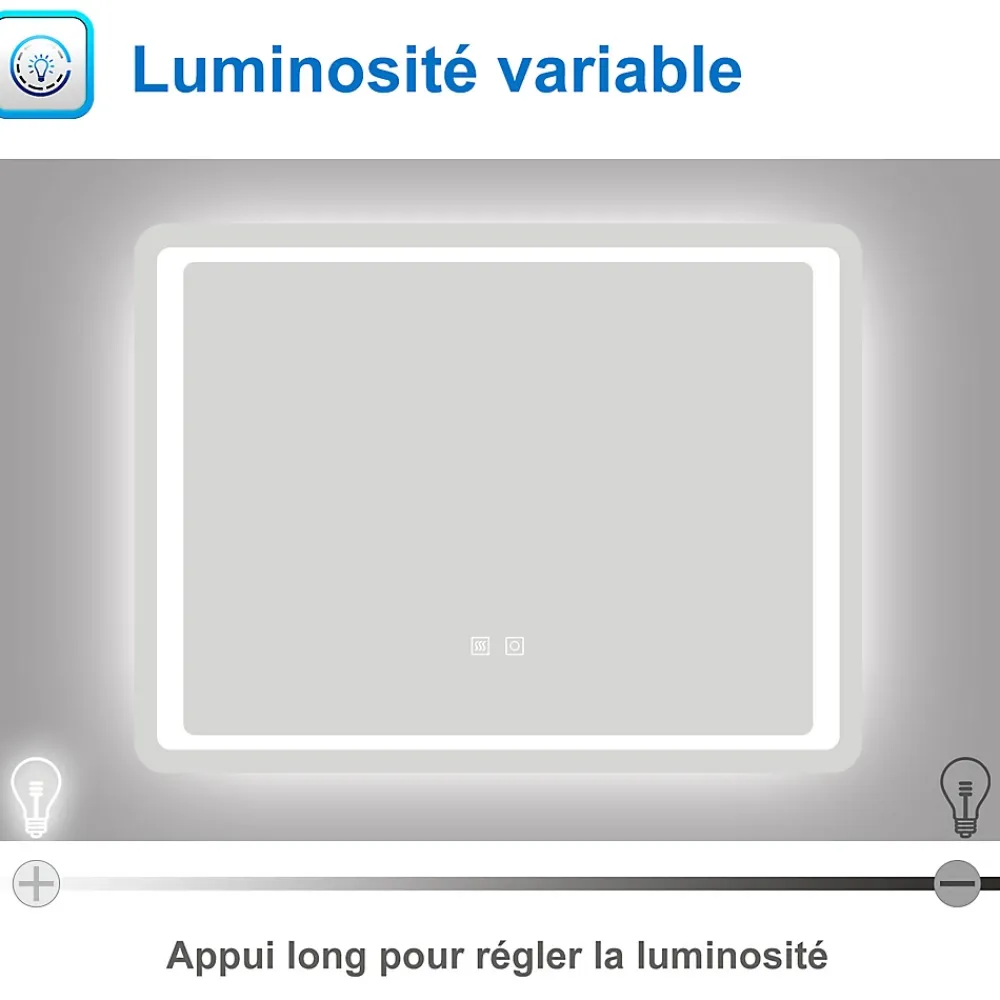 Miroir Lumineux|AICA Sanitaire Miroir de salle de bain à LED, dimmable et mémoire, 100x70cm miroir lumineux anti-buée,