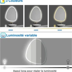 AICA Sanitaire Miroir de salle de bain asymétrique 100x80cm led Teardrop Mirror 3 Colours Dimmable + Anti-buée + Mémoire,