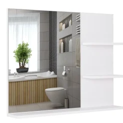 Armoire De Toilette|Homcom Miroir de salle de bain avec étagères - 2 étagères latérales + grande étagère inférieure - kit installation fourni - MDF blanc