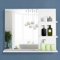 Armoire De Toilette|Homcom Miroir de salle de bain avec étagères - 2 étagères latérales + grande étagère inférieure - kit installation fourni - MDF blanc