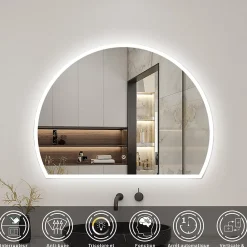 Miroir Lumineux|AICA Sanitaire Miroir de salle de bain asymétrique 80x60cm led Demi-cercle Mirror 3 Colours Dimmable + Anti-buée + Mémoire,