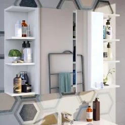 Pegane Miroir de salle de bain avec rangements 2 portes en blanc brillant, 65 x 60 x 21 cm