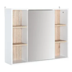 Armoire De Toilette|Homcom Miroir de salle de bain avec placard 2 étagères 6 niches latérales blanc effet chêne clair