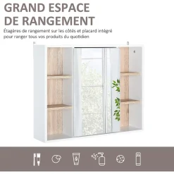 Armoire De Toilette|Homcom Miroir de salle de bain avec placard 2 étagères 6 niches latérales blanc effet chêne clair