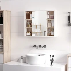 Armoire De Toilette|Homcom Miroir de salle de bain avec placard 2 étagères 6 niches latérales blanc effet chêne clair