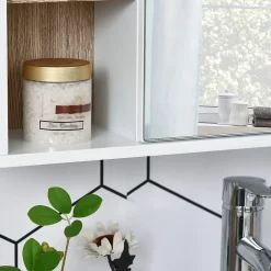 Armoire De Toilette|Homcom Miroir de salle de bain avec placard 2 étagères 6 niches latérales blanc effet chêne clair