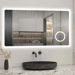 AICA Sanitaire Miroir de salle de bain anti-buée avec horloge, blanc froid chaud neutre tactile mural miroir 140x80cm,