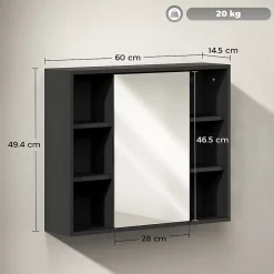 Armoire De Toilette|Homcom Miroir de salle de bain avec placard 2 étagères 6 niches latérales noir effet chêne clair