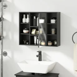 Armoire De Toilette|Homcom Miroir de salle de bain avec placard 2 étagères 6 niches latérales noir effet chêne clair