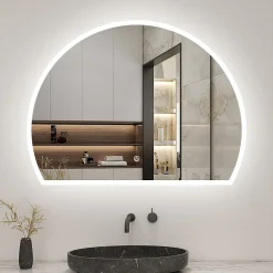Miroir Lumineux|AICA Sanitaire Miroir de salle de bain asymétrique 100x80cm led Demi-cercle Mirror 3 Colours Dimmable + Anti-buée + Mémoire,