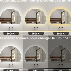 Miroir Lumineux|AICA Sanitaire Miroir de salle de bain asymétrique 100x80cm led Demi-cercle Mirror 3 Colours Dimmable + Anti-buée + Mémoire,