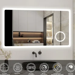 Miroir Grossissant Lumineux|AICA Sanitaire Miroir de salle de bain anti-buée avec horloge, blanc froid chaud neutre tactile mural miroir 160x80cm,